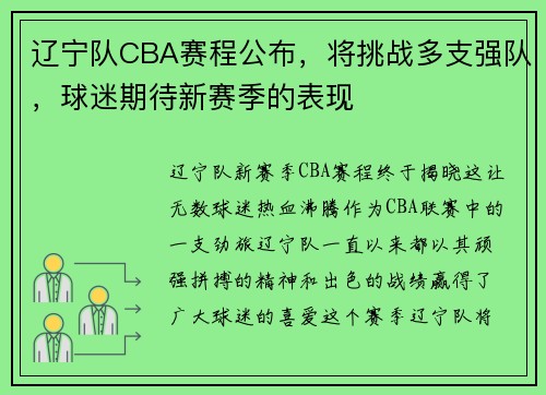 辽宁队CBA赛程公布，将挑战多支强队，球迷期待新赛季的表现