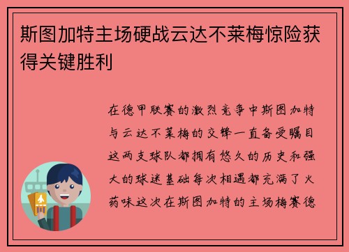 斯图加特主场硬战云达不莱梅惊险获得关键胜利